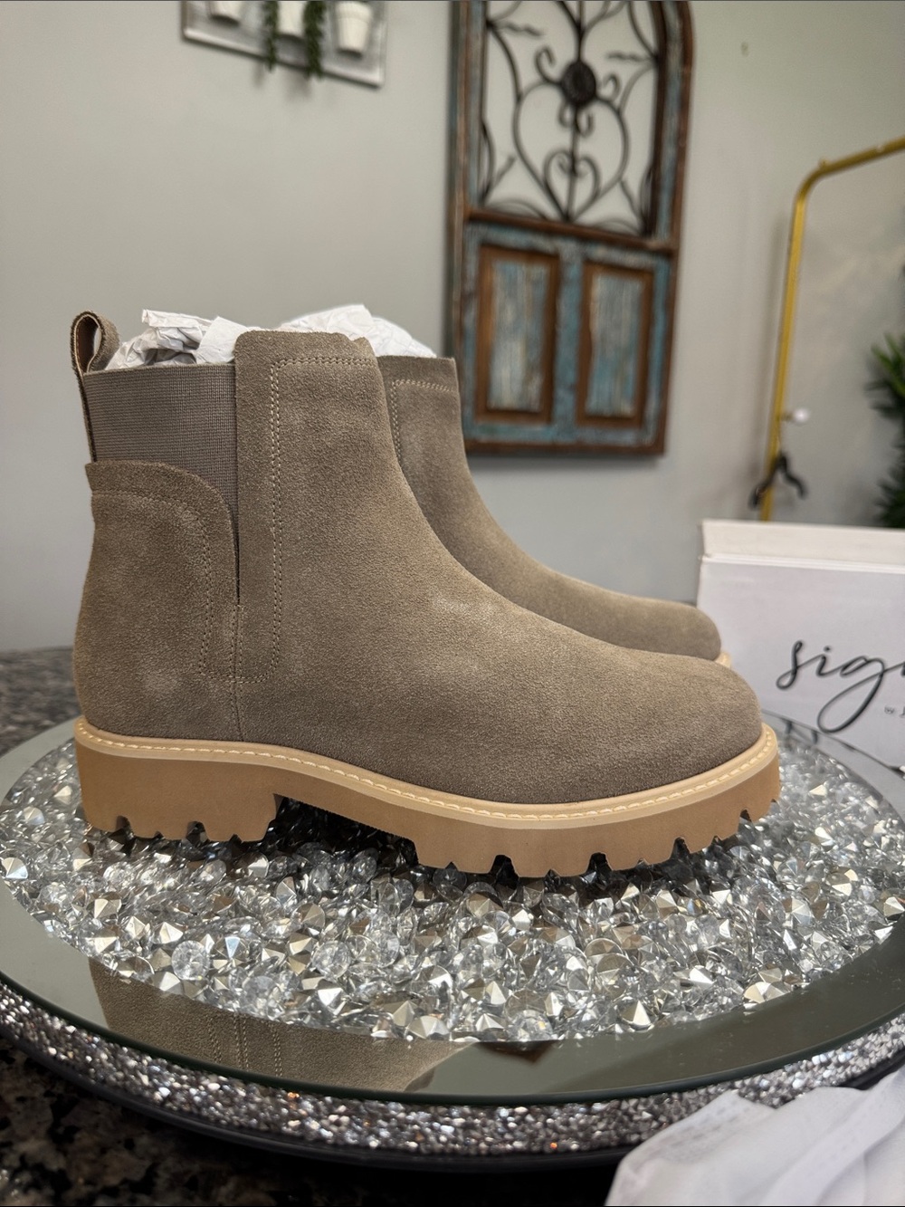 Signature by Jounee Collection Suede Lug Chelsea Bootie in Taupe NEW
